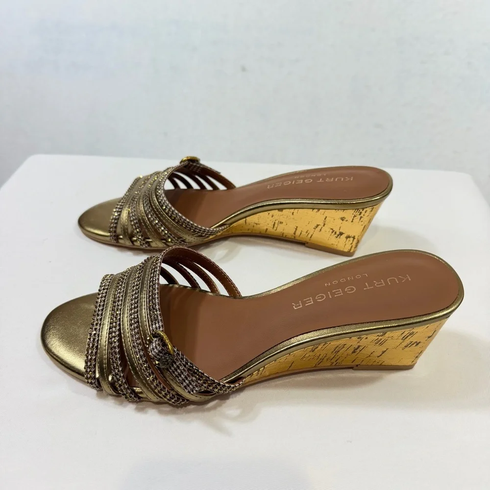 Kurt Geiger London Gold Crystal-Strap Wedge Slides Sandals Size 38.5 Women 8 US - Picture 5 of 11